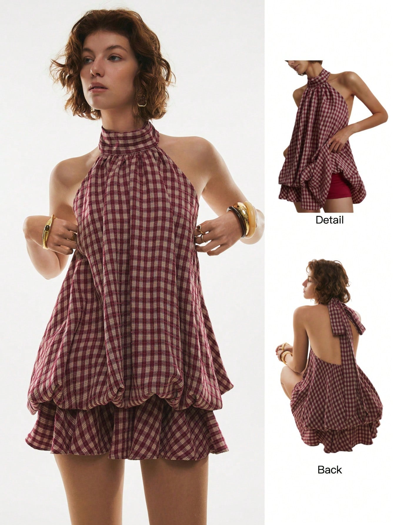 Poéselle Women's Plaid Ruffle Hem Halter Neck Short Dress,Summer Dresses For Women