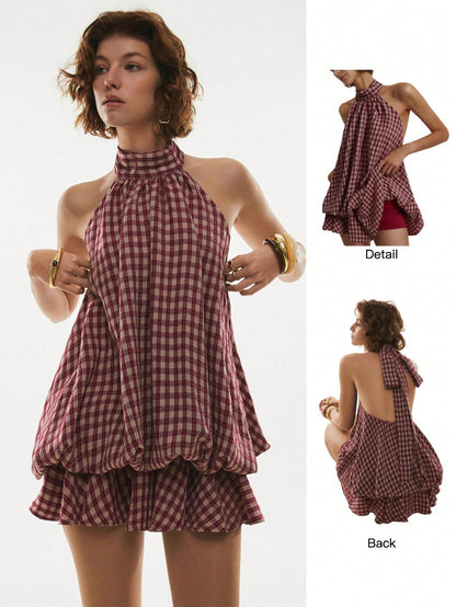 Poéselle Women's Plaid Ruffle Hem Halter Neck Short Dress,Summer Dresses For Women