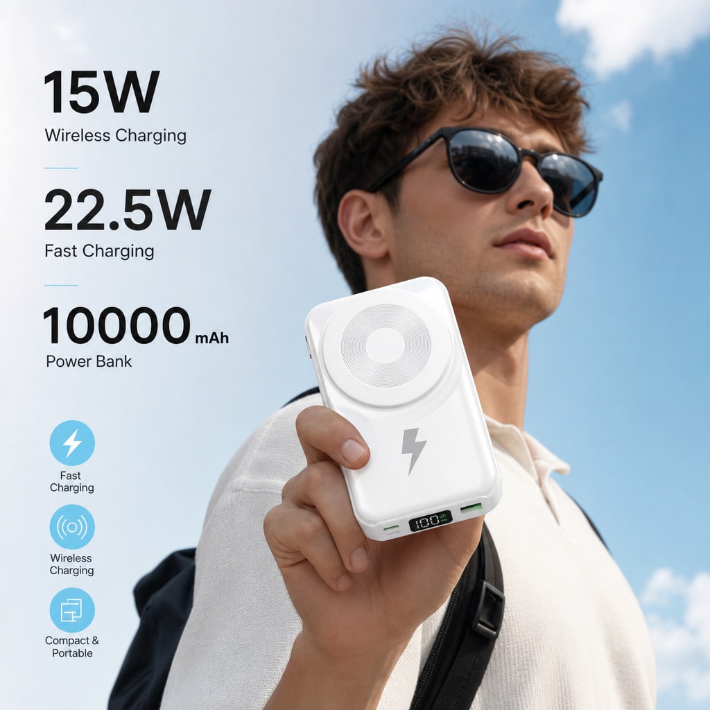 Pocket-Friendly White 10000mAh Wireless Charger With Magnetic Ring And 22.5W Fast Charging, Featuring A Digital Battery Level Display, White Rectangular Body And Practical Kickstand, Suited To Magneti