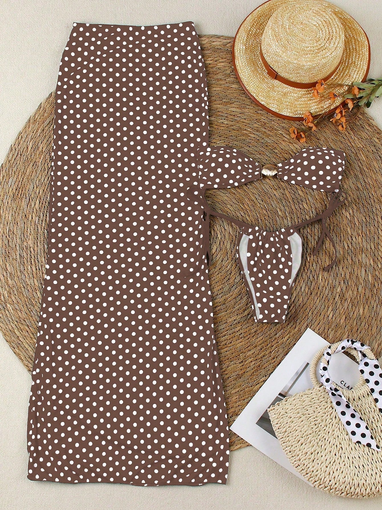 Polovedo Official New Arrival Spring/Summer European And American Elegant Sexy Casual Brown & White Polka Dot Printed 3-Piece Bikini Swimsuit, Random Floral Print, Non-Positioned Print, Beach, Holiday