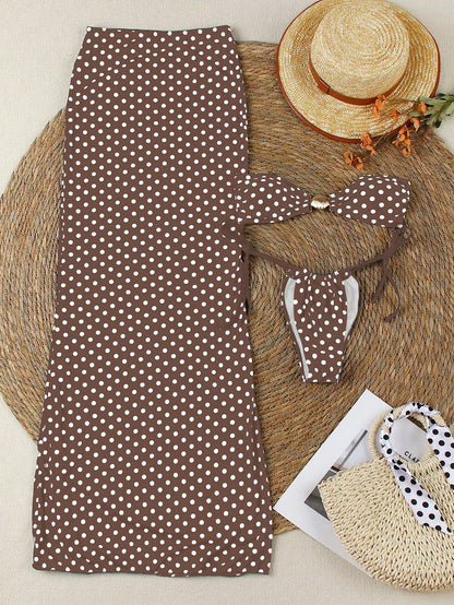 Polovedo Official New Arrival Spring/Summer European And American Elegant Sexy Casual Brown & White Polka Dot Printed 3-Piece Bikini Swimsuit, Random Floral Print, Non-Positioned Print, Beach, Holiday
