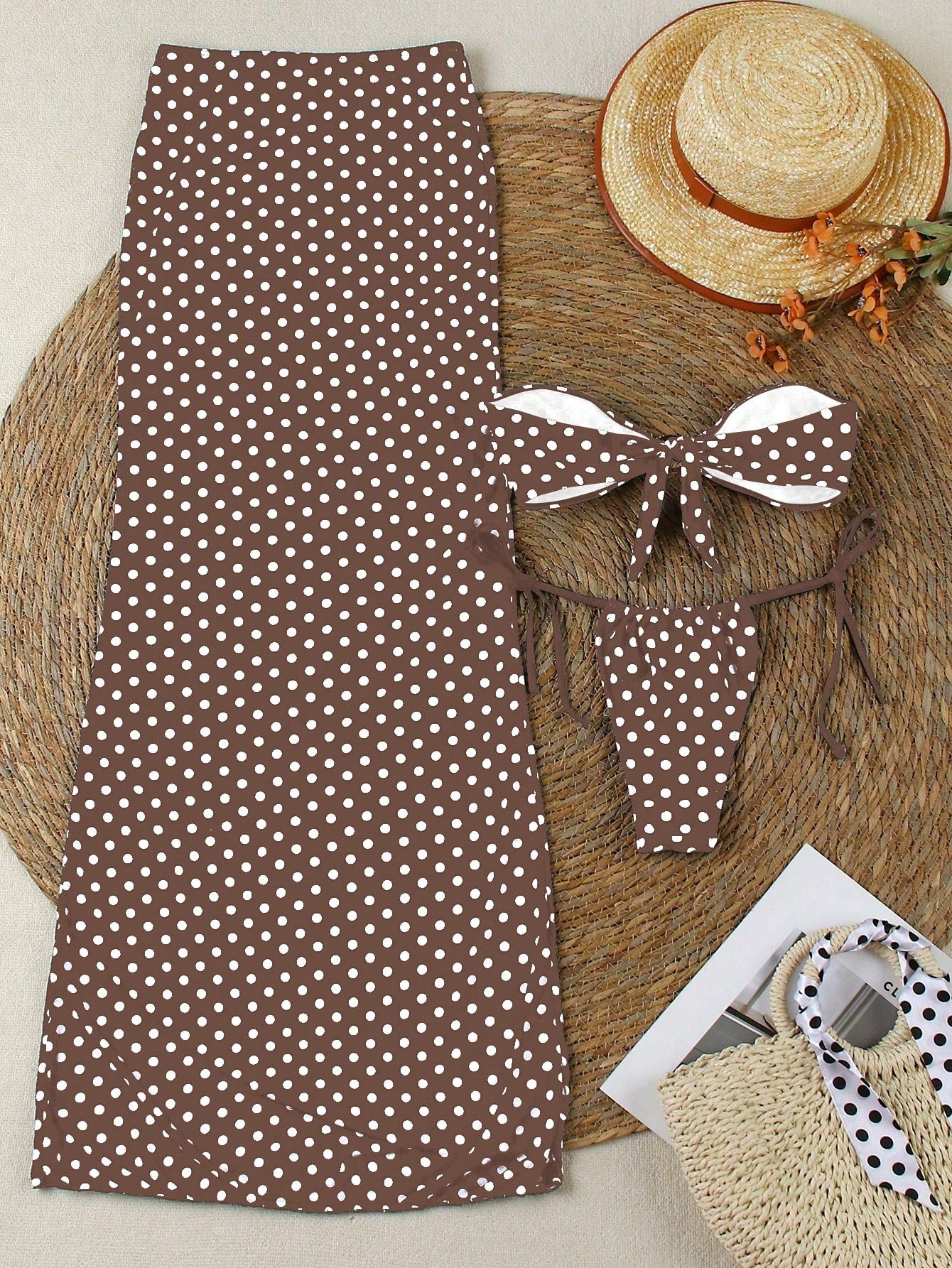 Polovedo Official New Arrival Spring/Summer European And American Elegant Sexy Casual Brown & White Polka Dot Printed 3-Piece Bikini Swimsuit, Random Floral Print, Non-Positioned Print, Beach, Holiday