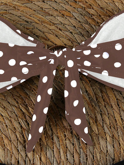 Polovedo Official New Arrival Spring/Summer European And American Elegant Sexy Casual Brown & White Polka Dot Printed 3-Piece Bikini Swimsuit, Random Floral Print, Non-Positioned Print, Beach, Holiday