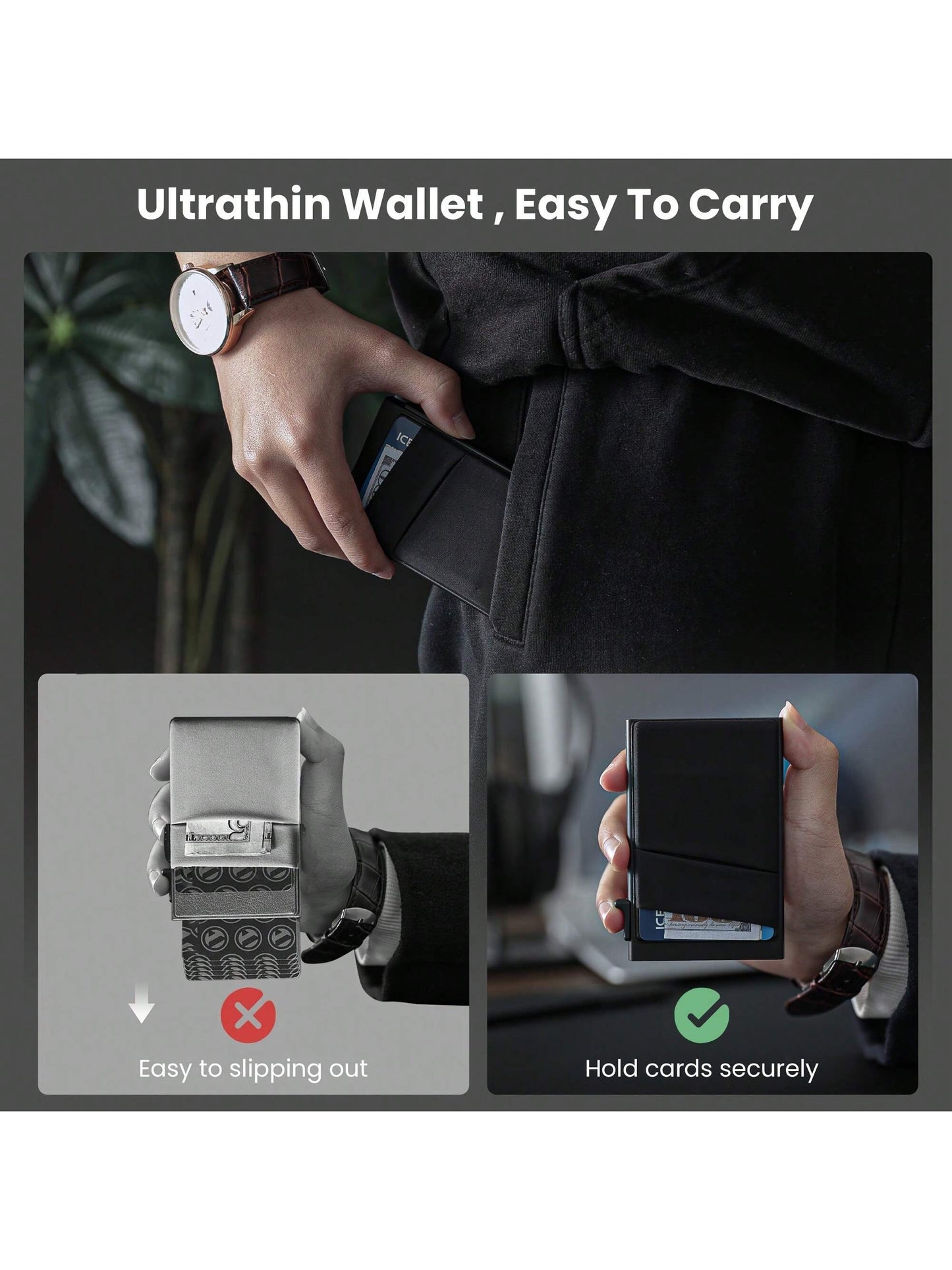 Pop Up Wallet For Men, RFID Blocking Card Holder With ID Window & Money Pocket, Smart Slim Card Wallet