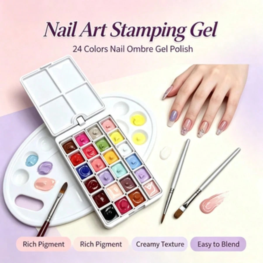 Portable 24 Color Nail Stamping Drawing Gel Palette Mixable Cream Texture Nail Art Pigment Glue For Beginner & Professional Nail Tech
