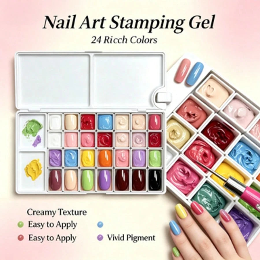 Portable 24 Color Nail Stamping Drawing Gel Palette Mixable Cream Texture Nail Art Pigment Glue For Beginner & Professional Nail Tech