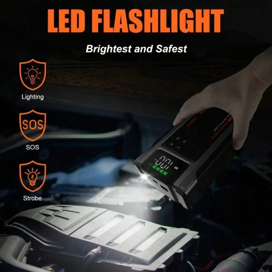 Portable Car Jump Starter With Air Compressor, 12V Battery Booster Pack, Wireless Tire Inflator, USB Quick Charge, LED Emergency Light, Multifunction Car Emergency Tool For 8.0L Gas/1.72gal Vehicles