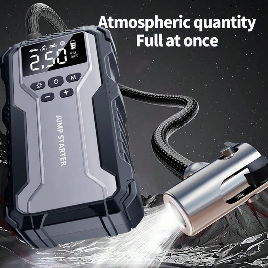 Portable Car Jump Starter With Air Compressor, 12V Battery Booster Pack, Wireless Tire Inflator, USB Quick Charge, LED Emergency Light, Multifunction Car Emergency Tool For 8.0L Gas/1.72gal Vehicles