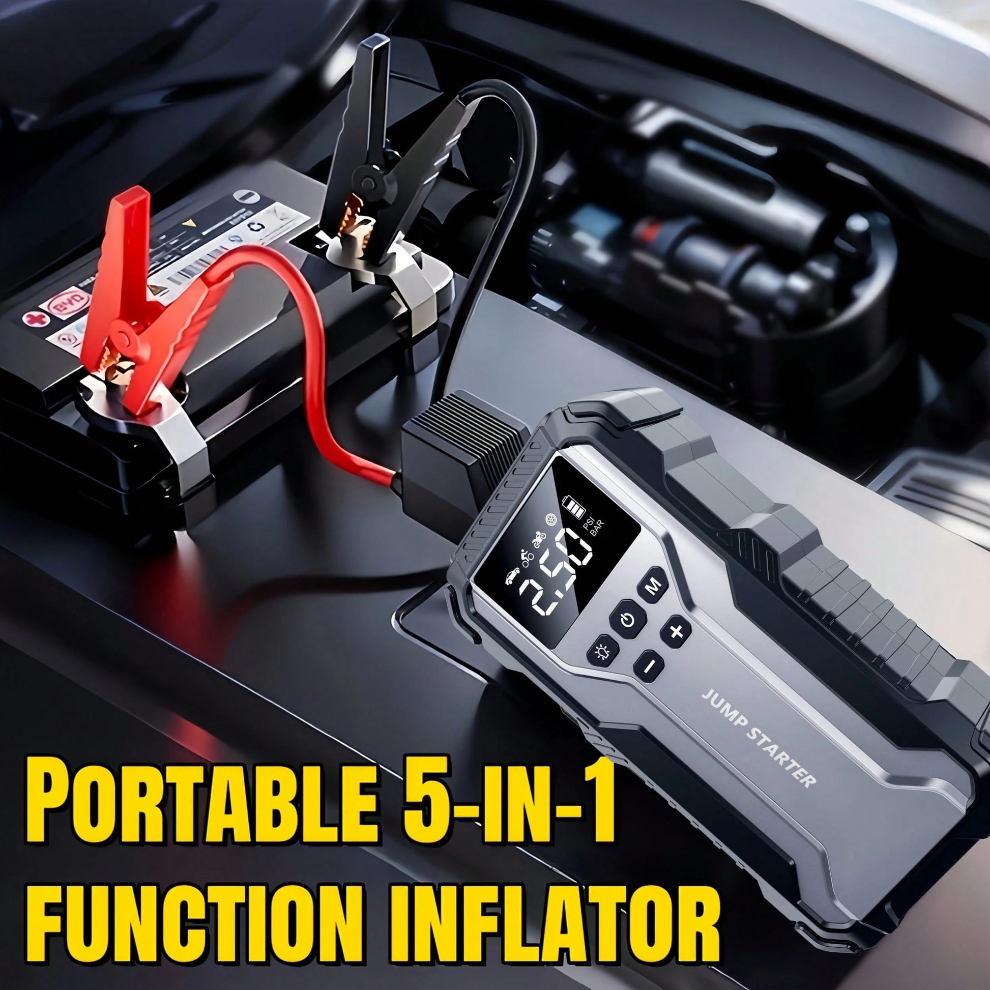 Portable Car Jump Starter With Air Compressor, 12V Battery Booster Pack, Wireless Tire Inflator, USB Quick Charge, LED Emergency Light, Multifunction Car Emergency Tool For 8.0L Gas/1.72gal Vehicles