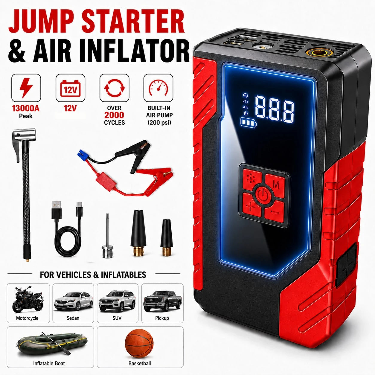 Portable Car Jump Starter With Air Compressor, 13000A Peak 12V Battery Booster, 200 PSI Digital Tire Inflator, Smart Jumper Cables, LED Flashlight, USB Power Bank, Roadside Emergency Kit For Cars, SUV