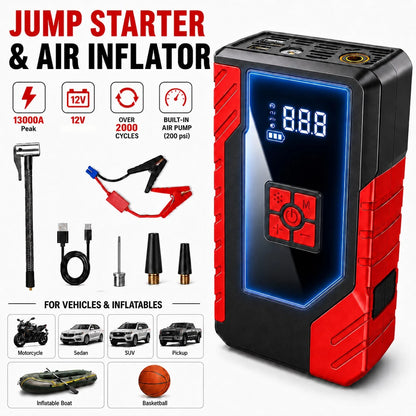 Portable Car Jump Starter With Air Compressor, 13000A Peak 12V Battery Booster, 200 PSI Digital Tire Inflator, Smart Jumper Cables, LED Flashlight, USB Power Bank, Roadside Emergency Kit For Cars, SUV