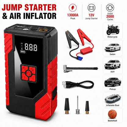 Portable Car Jump Starter With Air Compressor, 13000A Peak 12V Battery Booster, 200 PSI Digital Tire Inflator, Smart Jumper Cables, LED Flashlight, USB Power Bank, Roadside Emergency Kit For Cars, SUV