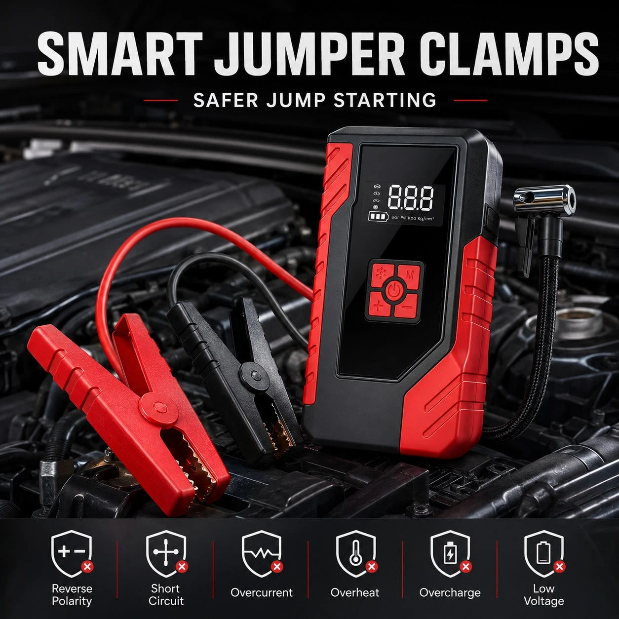 Portable Car Jump Starter With Air Compressor, 13000A Peak 12V Battery Booster, 200 PSI Digital Tire Inflator, Smart Jumper Cables, LED Flashlight, USB Power Bank, Roadside Emergency Kit For Cars, SUV