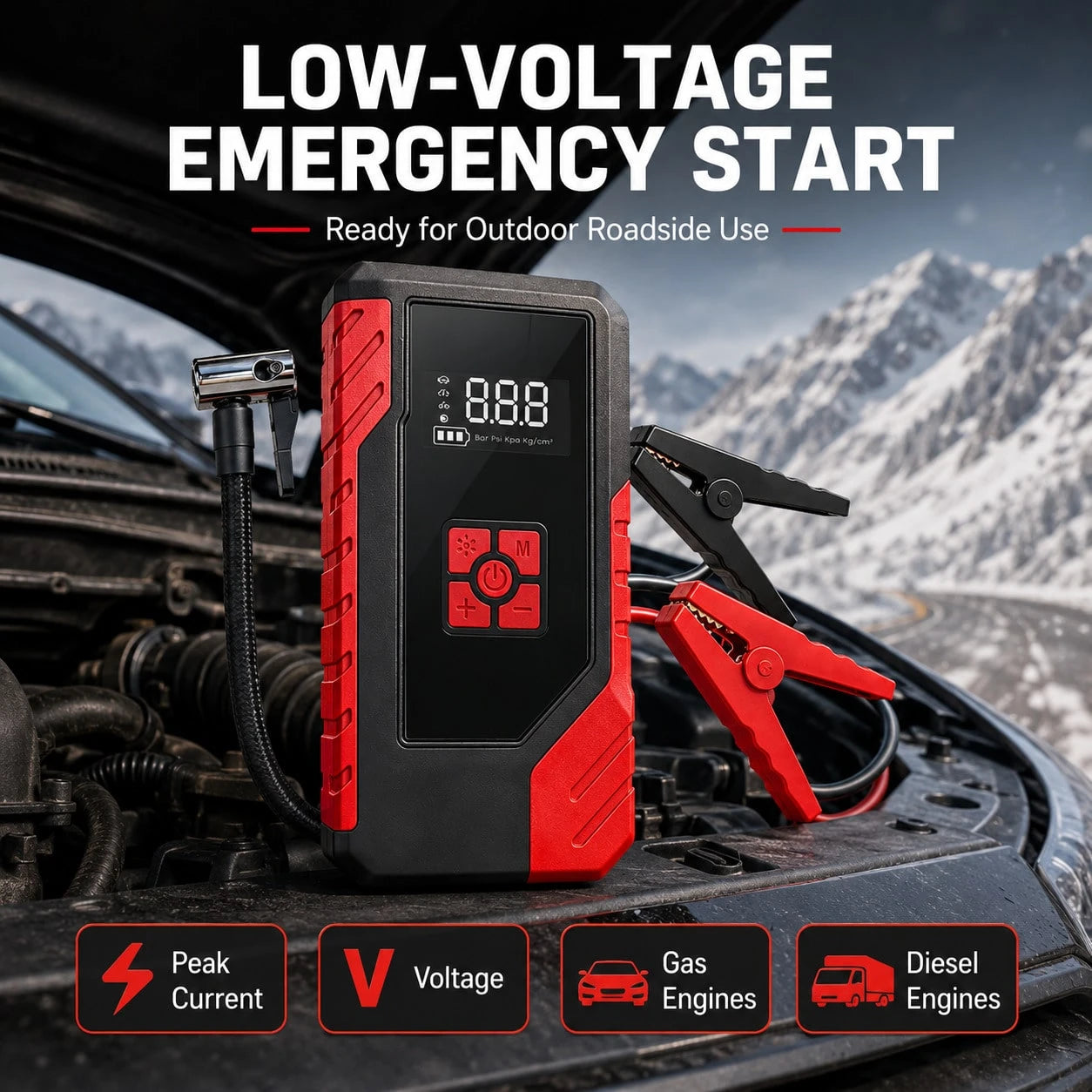 Portable Car Jump Starter With Air Compressor, 13000A Peak 12V Battery Booster, 200 PSI Digital Tire Inflator, Smart Jumper Cables, LED Flashlight, USB Power Bank, Roadside Emergency Kit For Cars, SUV