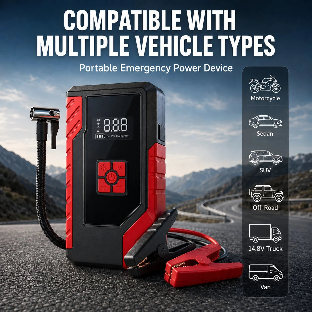 Portable Car Jump Starter With Air Compressor, 13000A Peak 12V Battery Booster, 200 PSI Digital Tire Inflator, Smart Jumper Cables, LED Flashlight, USB Power Bank, Roadside Emergency Kit For Cars, SUV