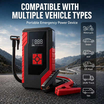 Portable Car Jump Starter With Air Compressor, 13000A Peak 12V Battery Booster, 200 PSI Digital Tire Inflator, Smart Jumper Cables, LED Flashlight, USB Power Bank, Roadside Emergency Kit For Cars, SUV