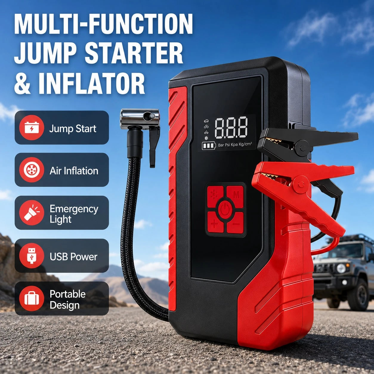 Portable Car Jump Starter With Air Compressor, 13000A Peak 12V Battery Booster, 200 PSI Digital Tire Inflator, Smart Jumper Cables, LED Flashlight, USB Power Bank, Roadside Emergency Kit For Cars, SUV