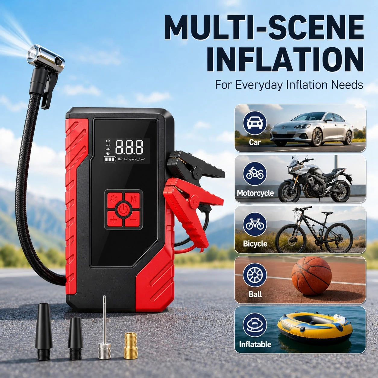 Portable Car Jump Starter With Air Compressor, 13000A Peak 12V Battery Booster, 200 PSI Digital Tire Inflator, Smart Jumper Cables, LED Flashlight, USB Power Bank, Roadside Emergency Kit For Cars, SUV