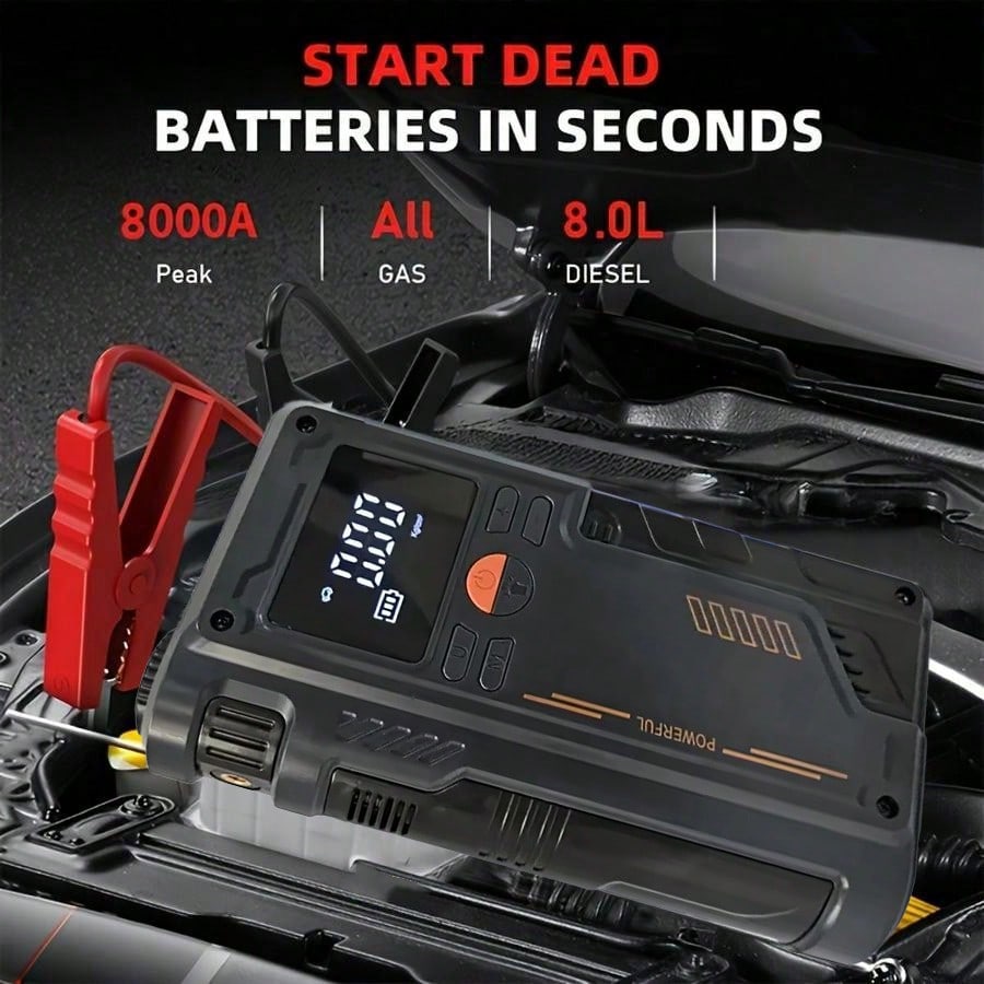 Portable Car Jump Starter With Air Compressor, 150PSI Digital Tire Inflator, 8000A Jump Starter, 12V Battery Jump Box Car Battery Jump Starter, LCD Display, Compressor, Portable Starter And Repair Too