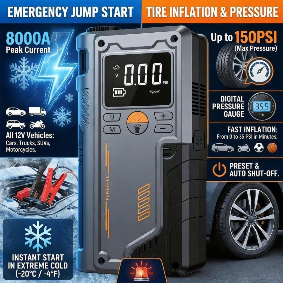 Portable Car Jump Starter With Air Compressor, 150PSI Digital Tire Inflator, 8000A Jump Starter, 12V Battery Jump Box Car Battery Jump Starter, LCD Display, Compressor, Portable Starter And Repair Too