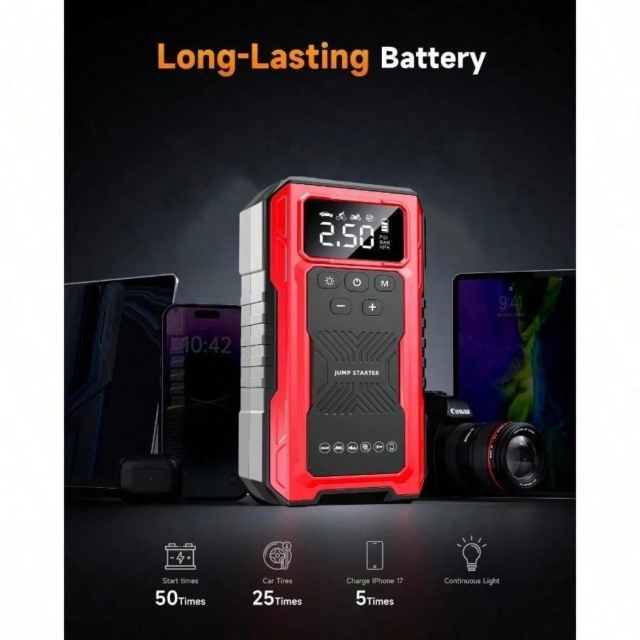 Portable Car Jump Starter (Without Air Pump) & LCD Display- Heavy-Duty Battery Booster Suitable For Gas/ Engines, Emergency Power Source With 3-Mode Flashlight