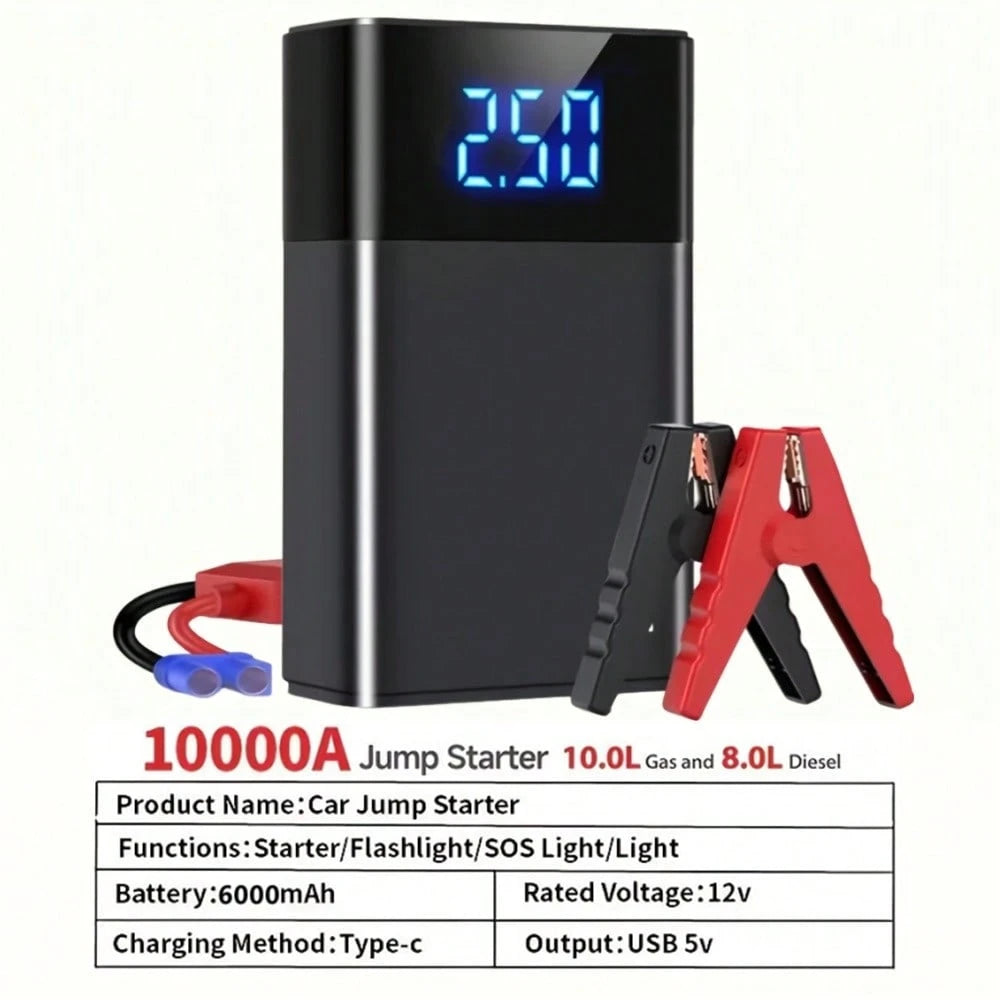 Portable Car Jump Starter (Without Air Pump) & LCD Display- Heavy-Duty Battery Booster Suitable For Gas/ Engines, Emergency Power Source With 3-Mode Flashlight