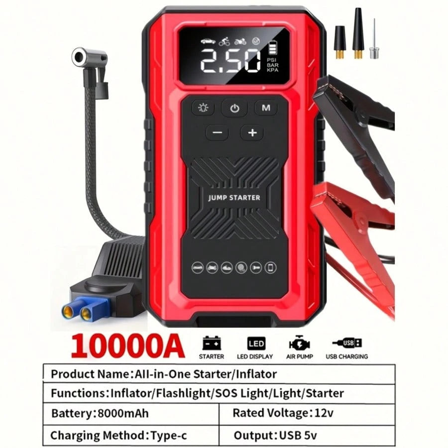 Portable Car Jump Starter (Without Air Pump) & LCD Display- Heavy-Duty Battery Booster Suitable For Gas/ Engines, Emergency Power Source With 3-Mode Flashlight