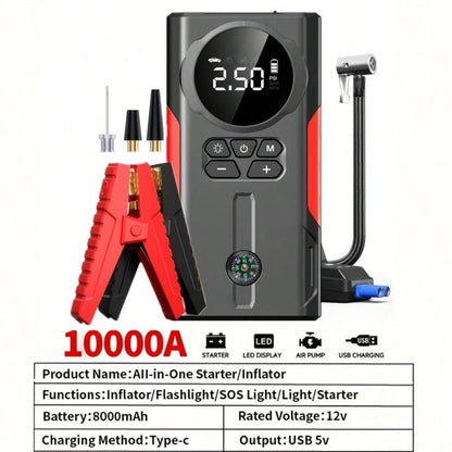 Portable Car Jump Starter (Without Air Pump) & LCD Display- Heavy-Duty Battery Booster Suitable For Gas/ Engines, Emergency Power Source With 3-Mode Flashlight