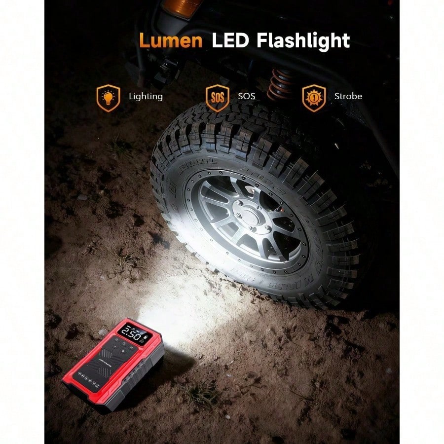 Portable Car Jump Starter (Without Air Pump) & LCD Display- Heavy-Duty Battery Booster Suitable For Gas/ Engines, Emergency Power Source With 3-Mode Flashlight