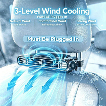 Portable USB Powered Car Rear Seat Cooling Fan, 3-Speed Adjustable, Low Noise Brushless Motor, Vehicle Seat Heat Dissipation Air Circulation