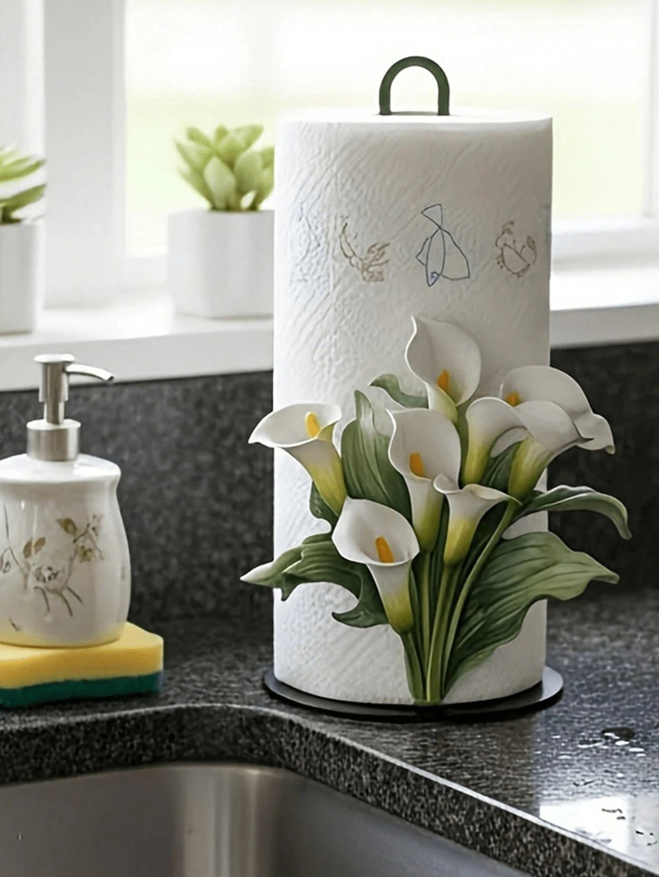 Premium Decorative Floral Tissue Holder Adorned With Tulip And Calla Lily, No Installation Drilling Required Surface Mount Tissue Box Container, Reusable Robust Napkin Dispenser For Home Kitchen, Wash