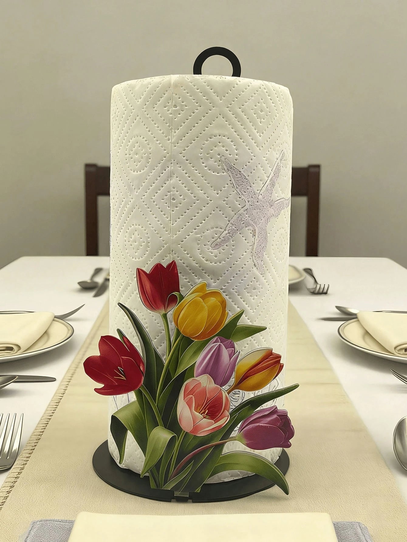 Premium Decorative Floral Tissue Holder Adorned With Tulip And Calla Lily, No Installation Drilling Required Surface Mount Tissue Box Container, Reusable Robust Napkin Dispenser For Home Kitchen, Wash