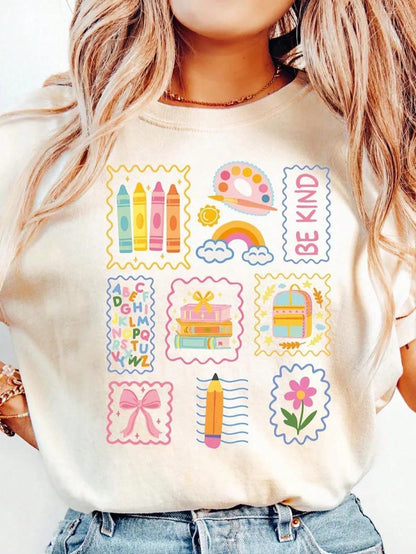 Preppy Teacher Stamp Graphic Tee Be Kind Back To School Crayon Top Retro Pastel Cute Kindergarten Elementary Educator-Shirt Summer Vacation Women