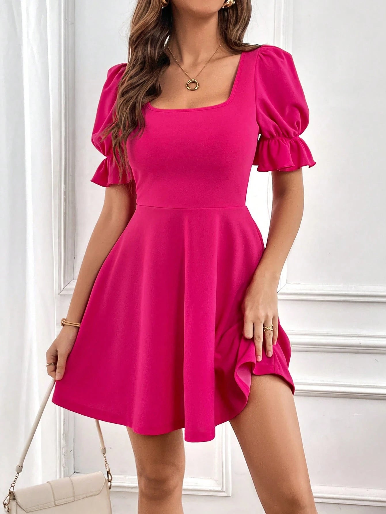 Privé Square Neck Puff Sleeve Short Summer A-Line Dress