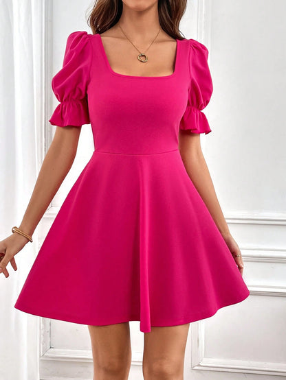 Privé Square Neck Puff Sleeve Short Summer A-Line Dress