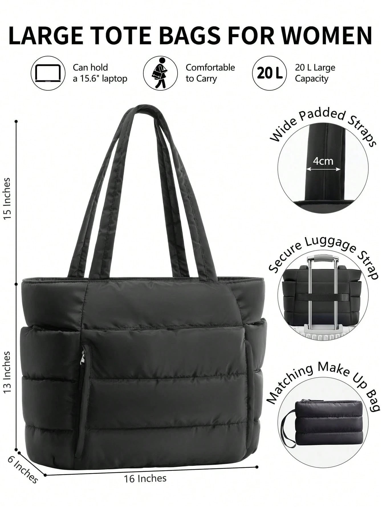 Puffer Tote Bag For Women, 20L Work Bags For Women With Laptop Sleeve, Waterproof Nylon Purses And Bags Women, Back To School Essentials