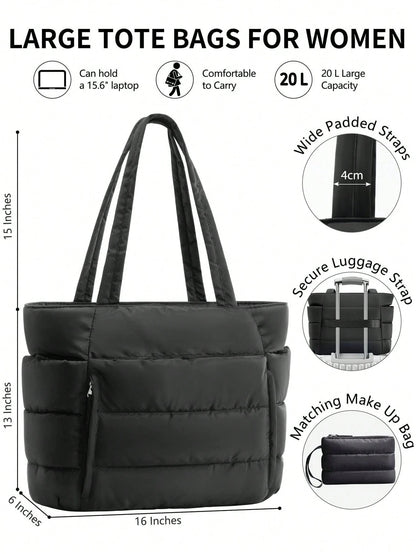 Puffer Tote Bag For Women, 20L Work Bags For Women With Laptop Sleeve, Waterproof Nylon Purses And Bags Women, Back To School Essentials