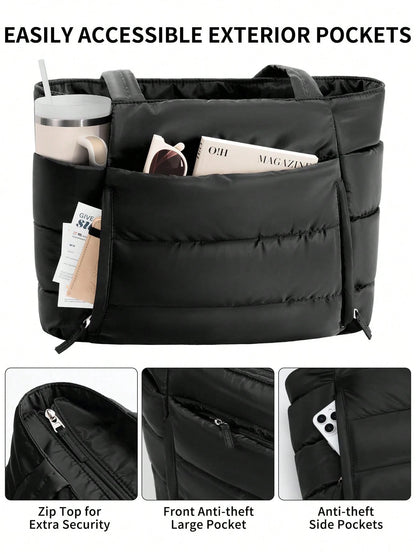 Puffer Tote Bag For Women, 20L Work Bags For Women With Laptop Sleeve, Waterproof Nylon Purses And Bags Women, Back To School Essentials