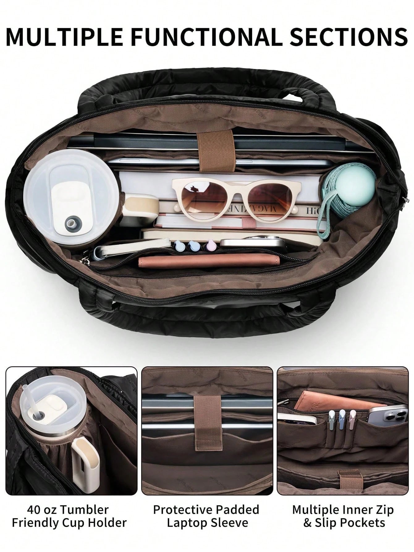Puffer Tote Bag For Women, 20L Work Bags For Women With Laptop Sleeve, Waterproof Nylon Purses And Bags Women, Back To School Essentials