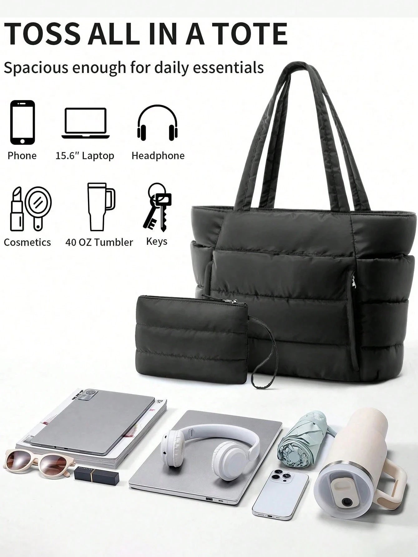 Puffer Tote Bag For Women, 20L Work Bags For Women With Laptop Sleeve, Waterproof Nylon Purses And Bags Women, Back To School Essentials