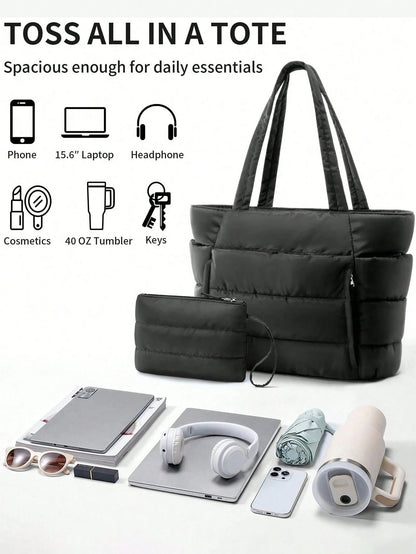 Puffer Tote Bag For Women, 20L Work Bags For Women With Laptop Sleeve, Waterproof Nylon Purses And Bags Women, Back To School Essentials
