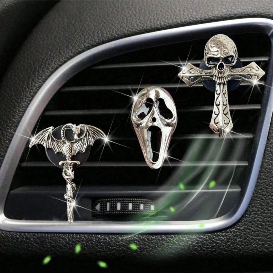 Punk Style Car Air Freshener Clip, Alloy Skull & Cross Design, Creative Vent Decoration Fragrance Holder