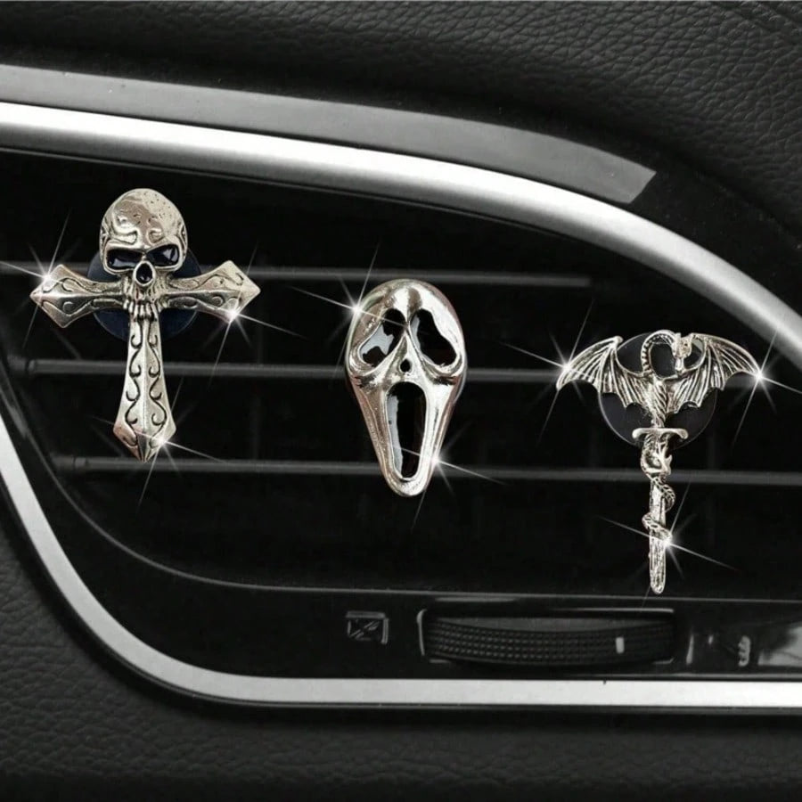 Punk Style Car Air Freshener Clip, Alloy Skull & Cross Design, Creative Vent Decoration Fragrance Holder