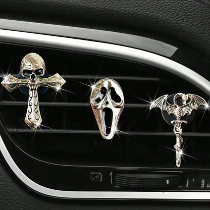 Punk Style Car Air Freshener Clip, Alloy Skull & Cross Design, Creative Vent Decoration Fragrance Holder