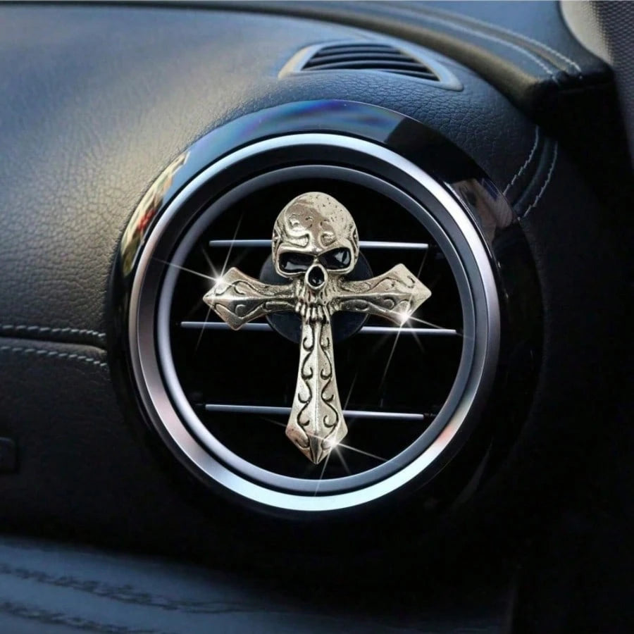 Punk Style Car Air Freshener Clip, Alloy Skull & Cross Design, Creative Vent Decoration Fragrance Holder