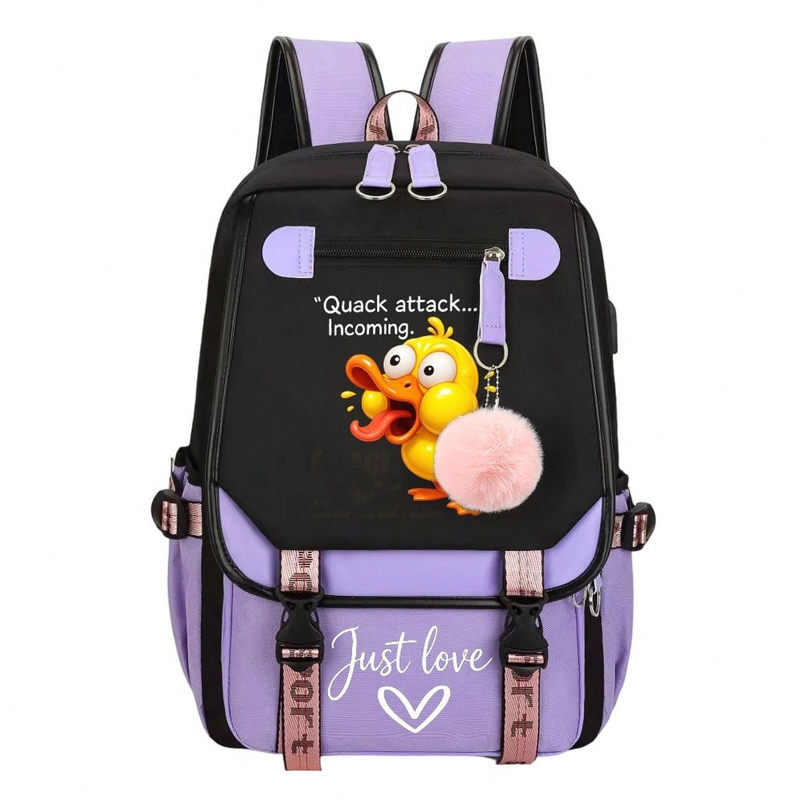 Quack Attack Incoming Funny Crazy Duck Print Teen Girls Backpack, Pink Pom Pom Decor Casual School Bookbag, Portable Lightweight Travel Daypack
