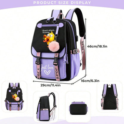 Quack Attack Incoming Funny Crazy Duck Print Teen Girls Backpack, Pink Pom Pom Decor Casual School Bookbag, Portable Lightweight Travel Daypack