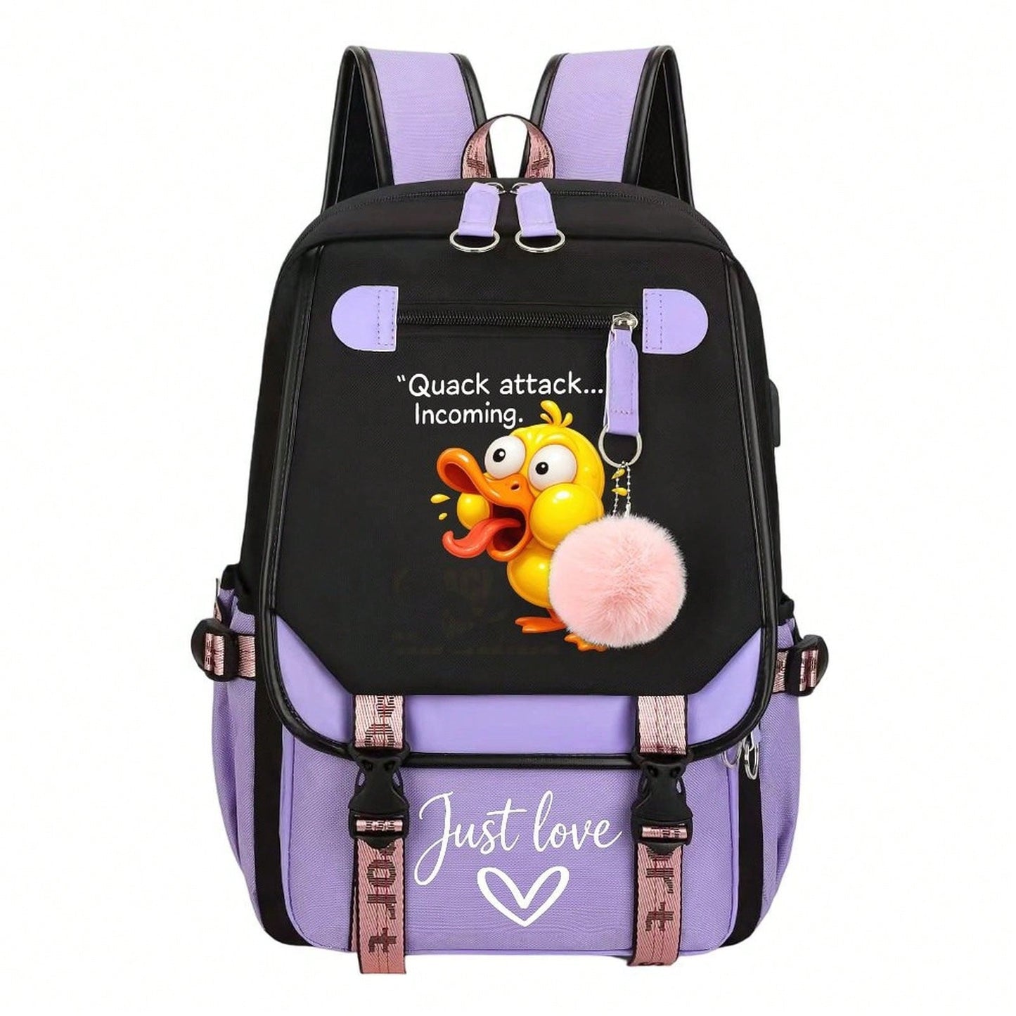 Quack Attack Incoming Funny Crazy Duck Print Teen Girls Backpack, Pink Pom Pom Decor Casual School Bookbag, Portable Lightweight Travel Daypack