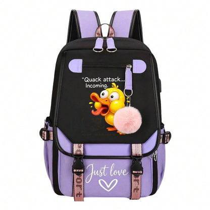Quack Attack Incoming Funny Crazy Duck Print Teen Girls Backpack, Pink Pom Pom Decor Casual School Bookbag, Portable Lightweight Travel Daypack