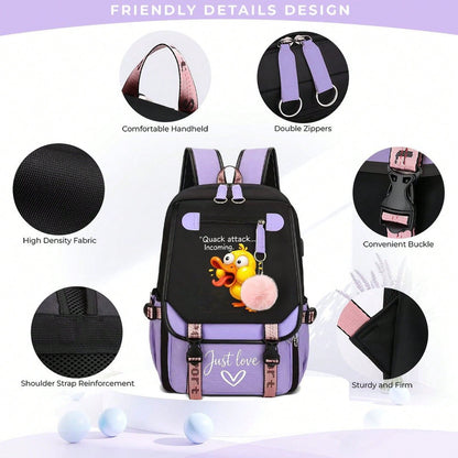 Quack Attack Incoming Funny Crazy Duck Print Teen Girls Backpack, Pink Pom Pom Decor Casual School Bookbag, Portable Lightweight Travel Daypack